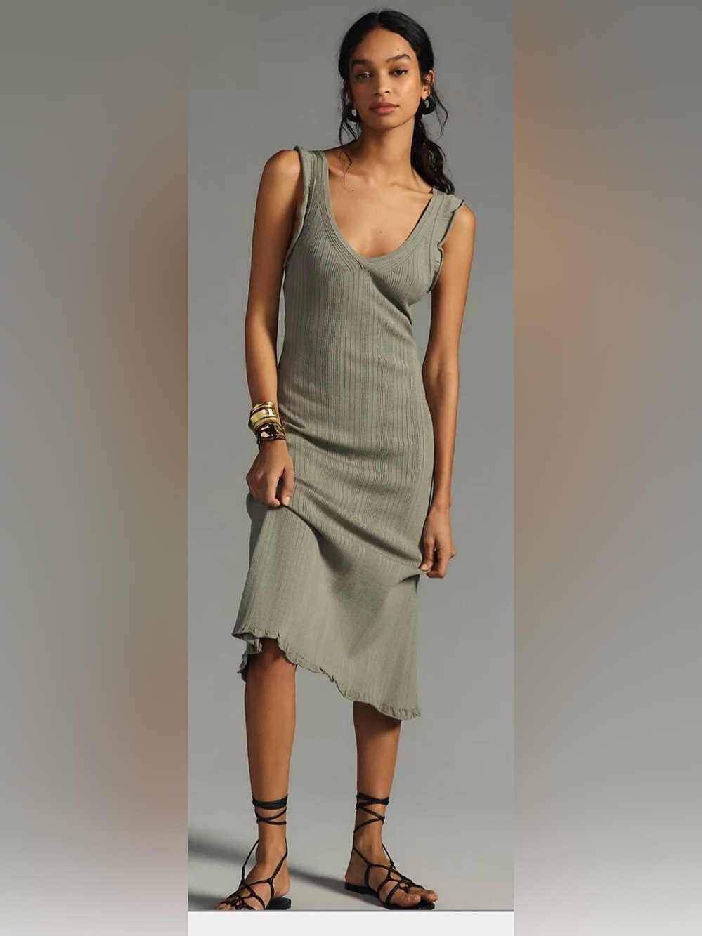 Anthropologie Daily Practice V-Neck Midi Dress with Ruffle Straps in Sage Green